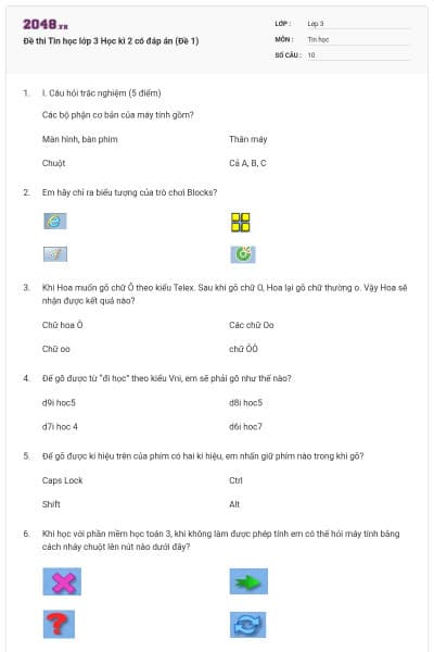 Đề thi Tin học lớp 3 Học kì 2 có đáp án (Đề 1)
