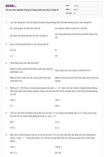 25 câu trắc nghiệm Công và công suất cực hay có đáp án