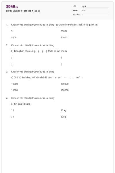 Đề thi Giữa kì 2 Toán lớp 4 (Đề 9)