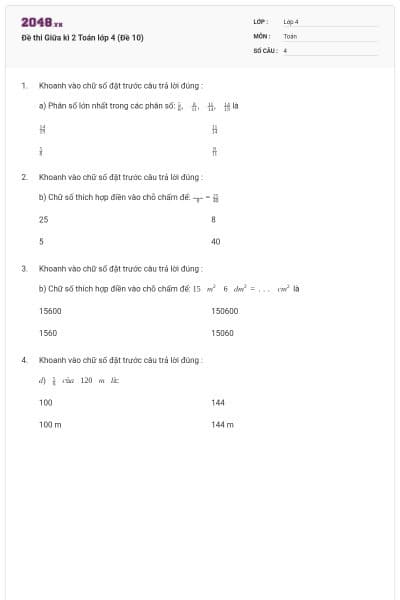 Đề thi Giữa kì 2 Toán lớp 4 (Đề 10)