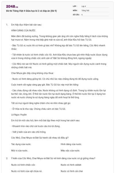 Đề thi Tiếng Việt 4 Giữa học kì 2 có đáp án (Đề 9)