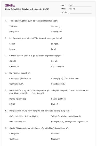 Đề thi Tiếng Việt 4 Giữa học kì 2 có đáp án (Đề 10)