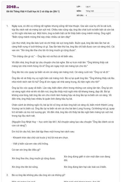 Đề thi Tiếng Việt 4 Cuối học kì 2 có đáp án (Đề 1)