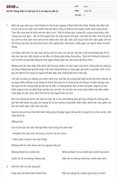 Đề thi Tiếng Việt 4 Cuối học kì 2 có đáp án (Đề 2)