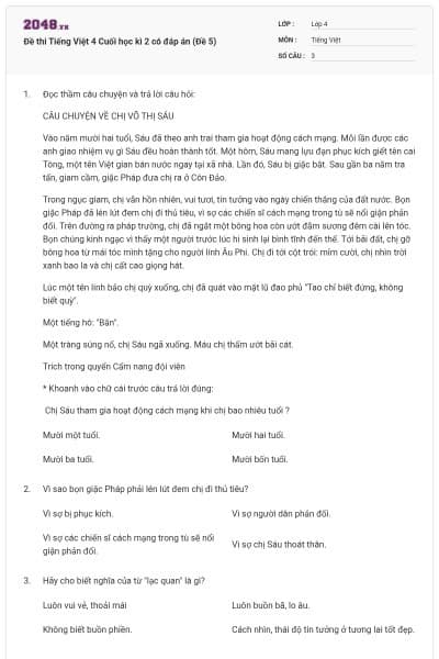 Đề thi Tiếng Việt 4 Cuối học kì 2 có đáp án (Đề 5)