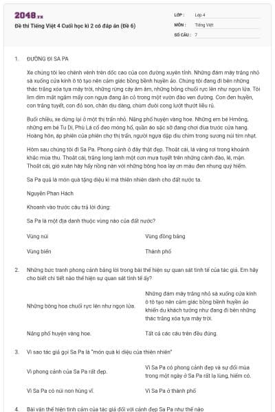 Đề thi Tiếng Việt 4 Cuối học kì 2 có đáp án (Đề 6)