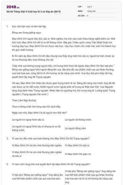 Đề thi Tiếng Việt 4 Cuối học kì 2 có đáp án (Đề 9)