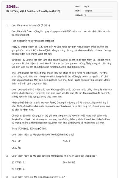 Đề thi Tiếng Việt 4 Cuối học kì 2 có đáp án (Đề 10)