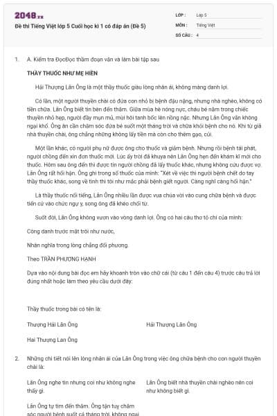 Đề thi Tiếng Việt lớp 5 Cuối học kì 1 có đáp án (Đề 5)