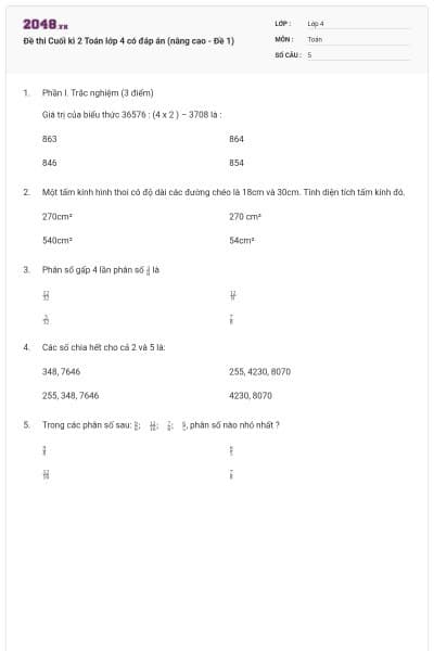 Đề thi Cuối kì 2 Toán lớp 4 có đáp án (nâng cao - Đề 1)