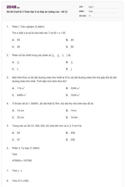 Đề thi Cuối kì 2 Toán lớp 4 có đáp án (nâng cao - Đề 2)