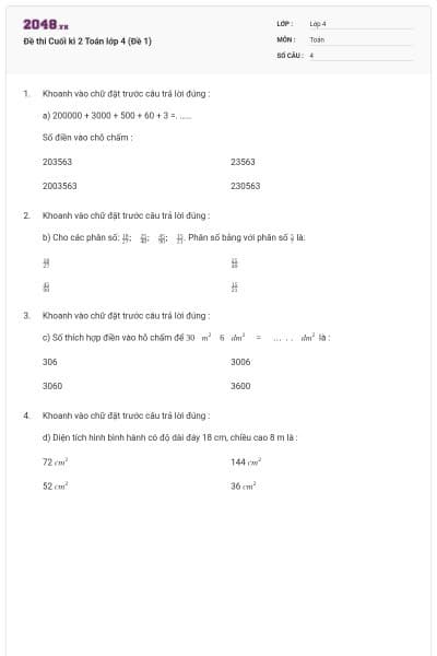 Đề thi Cuối kì 2 Toán lớp 4 (Đề 1)