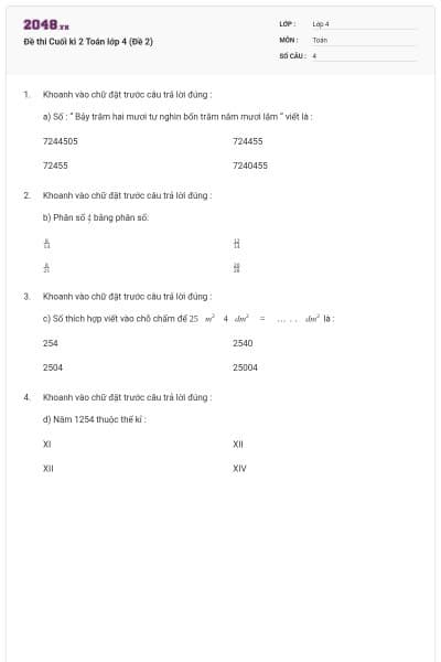 Đề thi Cuối kì 2 Toán lớp 4 (Đề 2)