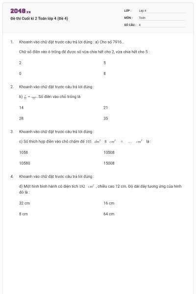 Đề thi Cuối kì 2 Toán lớp 4 (Đề 4)