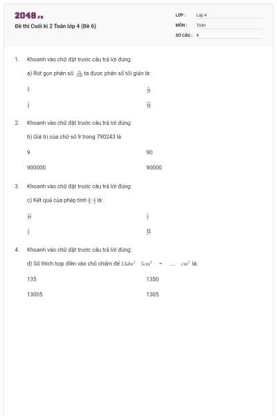 Đề thi Cuối kì 2 Toán lớp 4 (Đề 6)