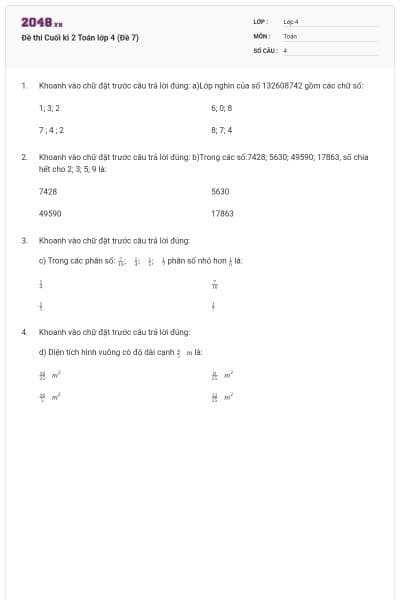 Đề thi Cuối kì 2 Toán lớp 4 (Đề 7)