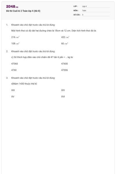 Đề thi Cuối kì 2 Toán lớp 4 (Đề 8)