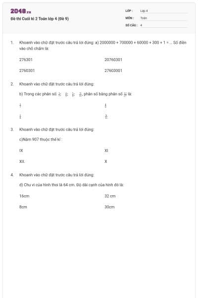 Đề thi Cuối kì 2 Toán lớp 4 (Đề 9)