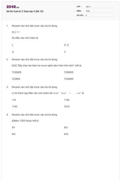 Đề thi Cuối kì 2 Toán lớp 4 (Đề 10)