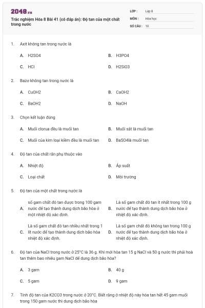 Trắc nghiệm Hóa 8 Bài 41 (có đáp án): Độ tan của một chất trong nước