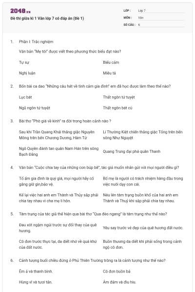 Đề thi giữa kì 1 Văn lớp 7 có đáp án (Đề 1)