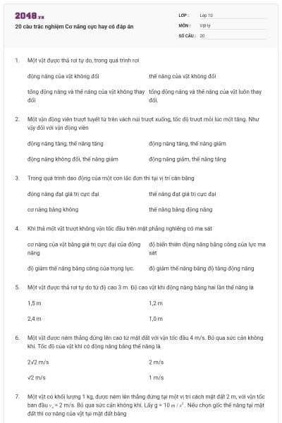 20 câu trắc nghiệm Cơ năng cực hay có đáp án