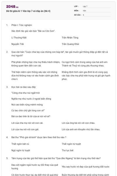 Đề thi giữa kì 1 Văn lớp 7 có đáp án (Đề 4)