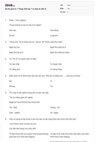 Đề thi giữa kì 1 Tiếng Việt lớp 7 có đáp án (Đề 2)
