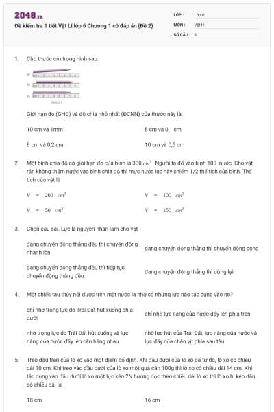 Đề kiểm tra 1 tiết Vật Lí lớp 6 Chương 1 có đáp án (Đề 2)