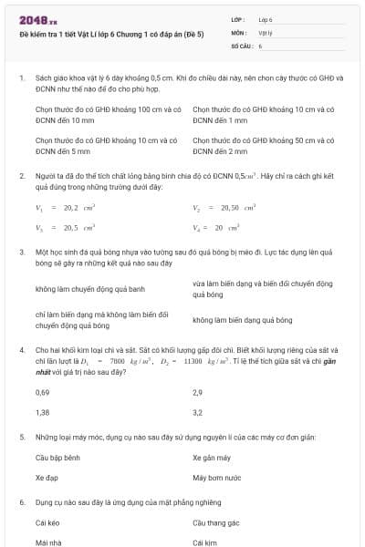 Đề kiểm tra 1 tiết Vật Lí lớp 6 Chương 1 có đáp án (Đề 5)