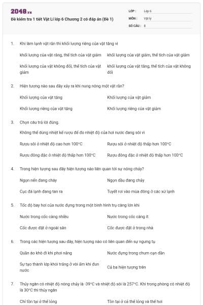 Đề kiểm tra 1 tiết Vật Lí lớp 6 Chương 2 có đáp án (Đề 1)