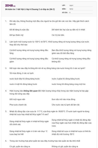 Đề kiểm tra 1 tiết Vật Lí lớp 6 Chương 2 có đáp án (Đề 2)