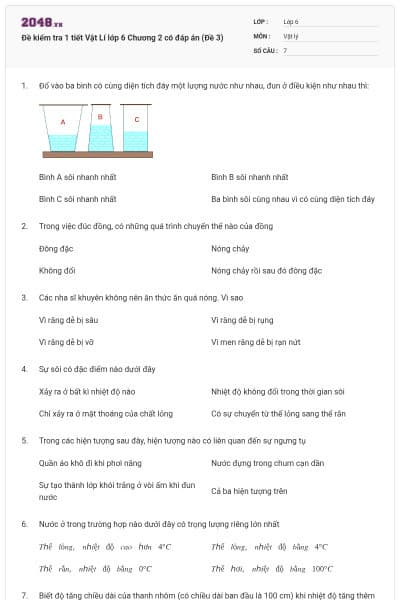 Đề kiểm tra 1 tiết Vật Lí lớp 6 Chương 2 có đáp án (Đề 3)
