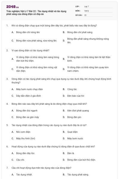 Trắc nghiệm Vật Lí 7 Bài 22 : Tác dụng nhiệt và tác dụng phát sáng của dòng điện có đáp án