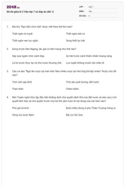Đề thi giữa kì 2 Văn lớp 7 có đáp án (Đề 1)