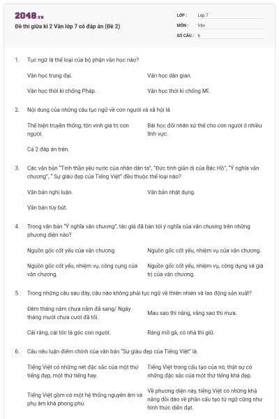 Đề thi giữa kì 2 Văn lớp 7 có đáp án (Đề 2)