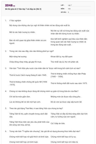 Đề thi giữa kì 2 Văn lớp 7 có đáp án (Đề 3)