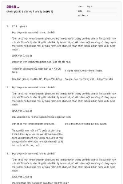 Đề thi giữa kì 2 Văn lớp 7 có đáp án (Đề 4)