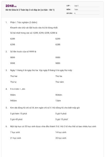 Đề thi Giữa kì 2 Toán lớp 3 có đáp án (cơ bản - Đề 1)