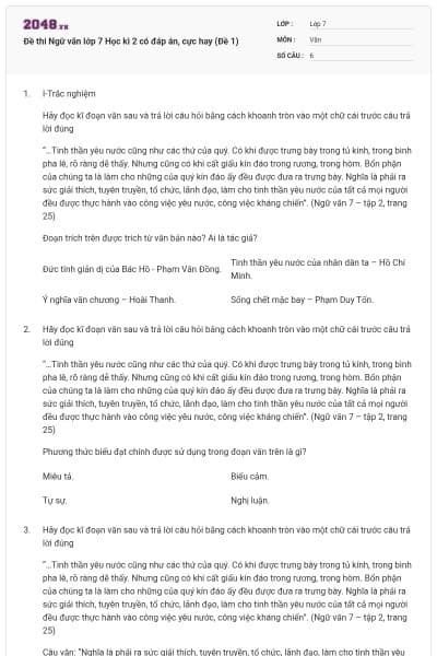 Đề thi Ngữ văn lớp 7 Học kì 2 có đáp án, cực hay (Đề 1)