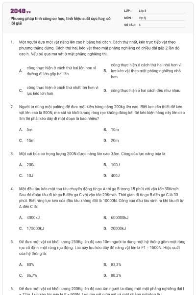 Phương pháp tính công cơ học, tính hiệu suất cực hay, có lời giải