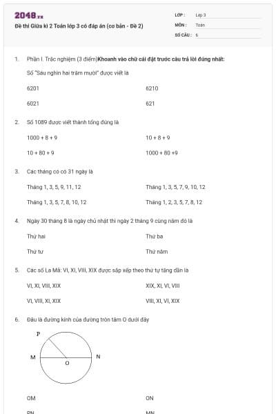 Đề thi Giữa kì 2 Toán lớp 3 có đáp án (cơ bản - Đề 2)