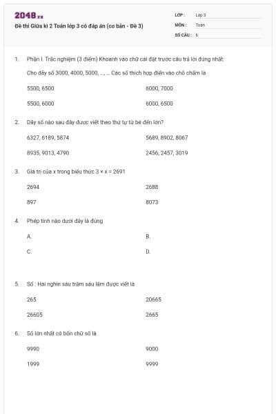 Đề thi Giữa kì 2 Toán lớp 3 có đáp án (cơ bản - Đề 3)