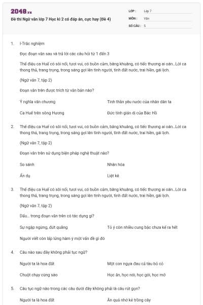Đề thi Ngữ văn lớp 7 Học kì 2 có đáp án, cực hay (Đề 4)