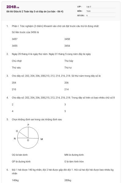 Đề thi Giữa kì 2 Toán lớp 3 có đáp án (cơ bản - Đề 4)