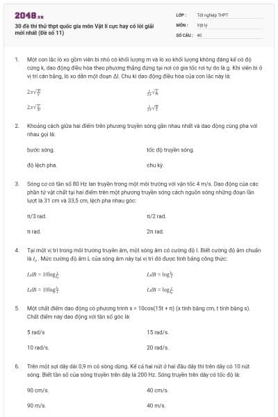 30 đề thi thử thpt quốc gia môn Vật lí cực hay có lời giải mới nhất (Đề số 11)