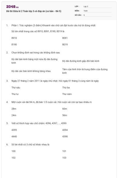 Đề thi Giữa kì 2 Toán lớp 3 có đáp án (cơ bản - Đề 5)