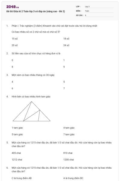 Đề thi Giữa kì 2 Toán lớp 3 có đáp án (nâng cao - Đề 2)