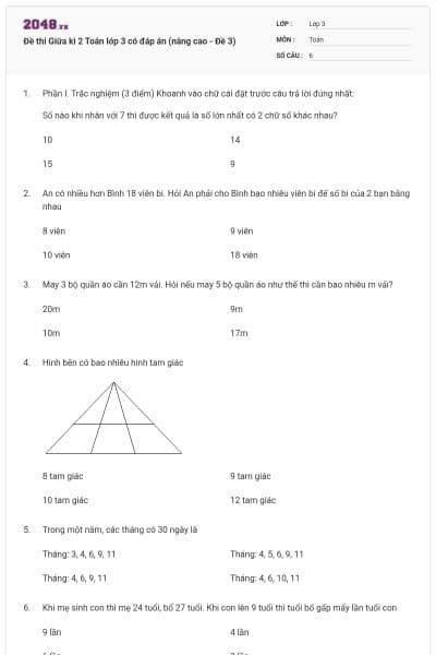 Đề thi Giữa kì 2 Toán lớp 3 có đáp án (nâng cao - Đề 3)