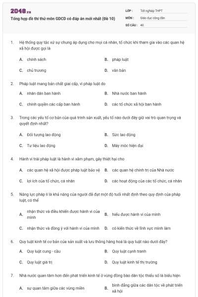 Tổng hợp đề thi thử môn GDCD có đáp án mới nhất (Đề 10)